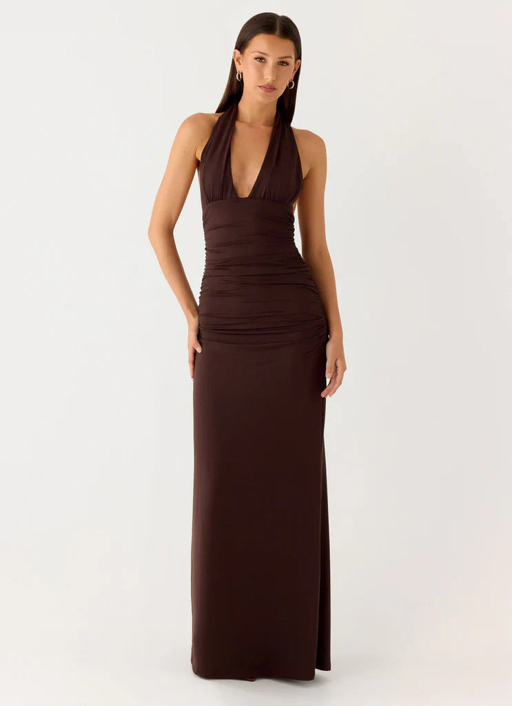 Chocolate Brown Halter Neck Deep V Ruched Backless Maxi Dress For Elegant Formal Evening Events