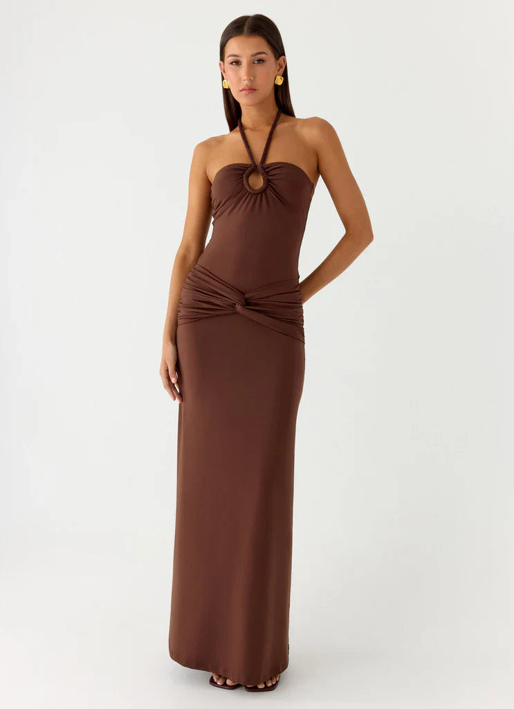 Chocolate Brown Halter Neck Ruched Tie Maxi Prom Dress For Elegant Formal Evenings