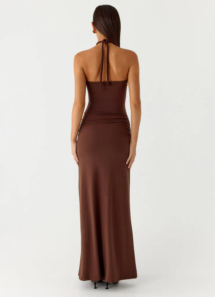 Chocolate Brown Halter Neck Ruched Tie Maxi Prom Dress For Elegant Formal Evenings