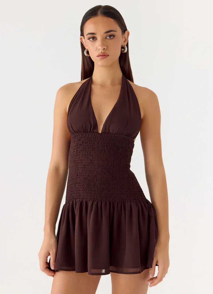 Chocolate Brown Halter Neck Smocked Backless Mini Dress For Elegant Casual Party Events