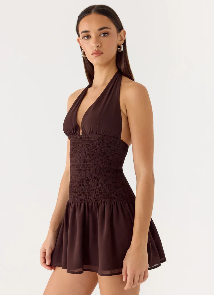Chocolate Brown Halter Neck Smocked Backless Mini Dress For Elegant Casual Party Events