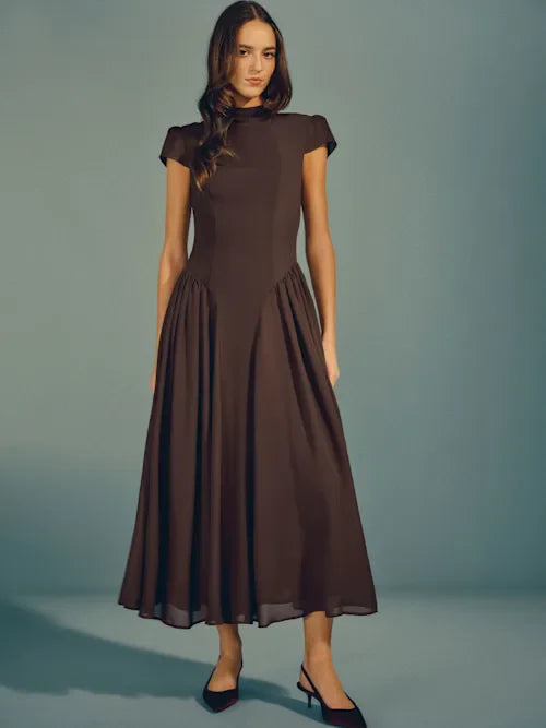 Chocolate Brown High Neck Cap Sleeve Pleated Prom Dress