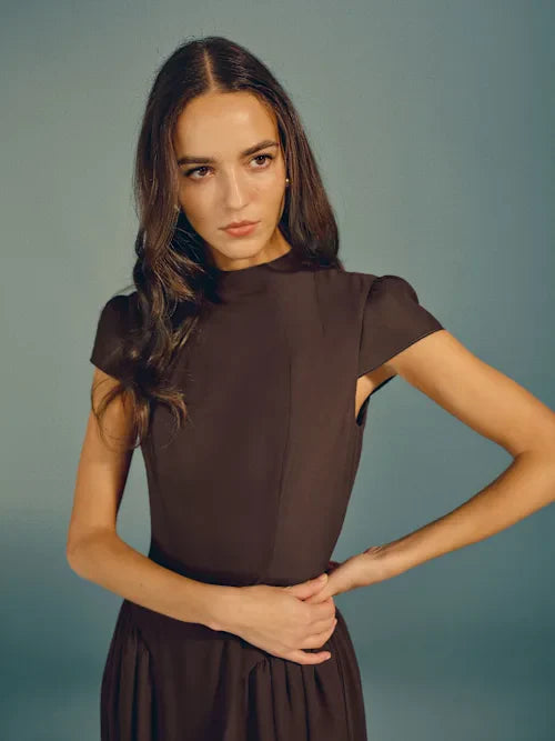 Chocolate Brown High Neck Cap Sleeve Pleated Prom Dress