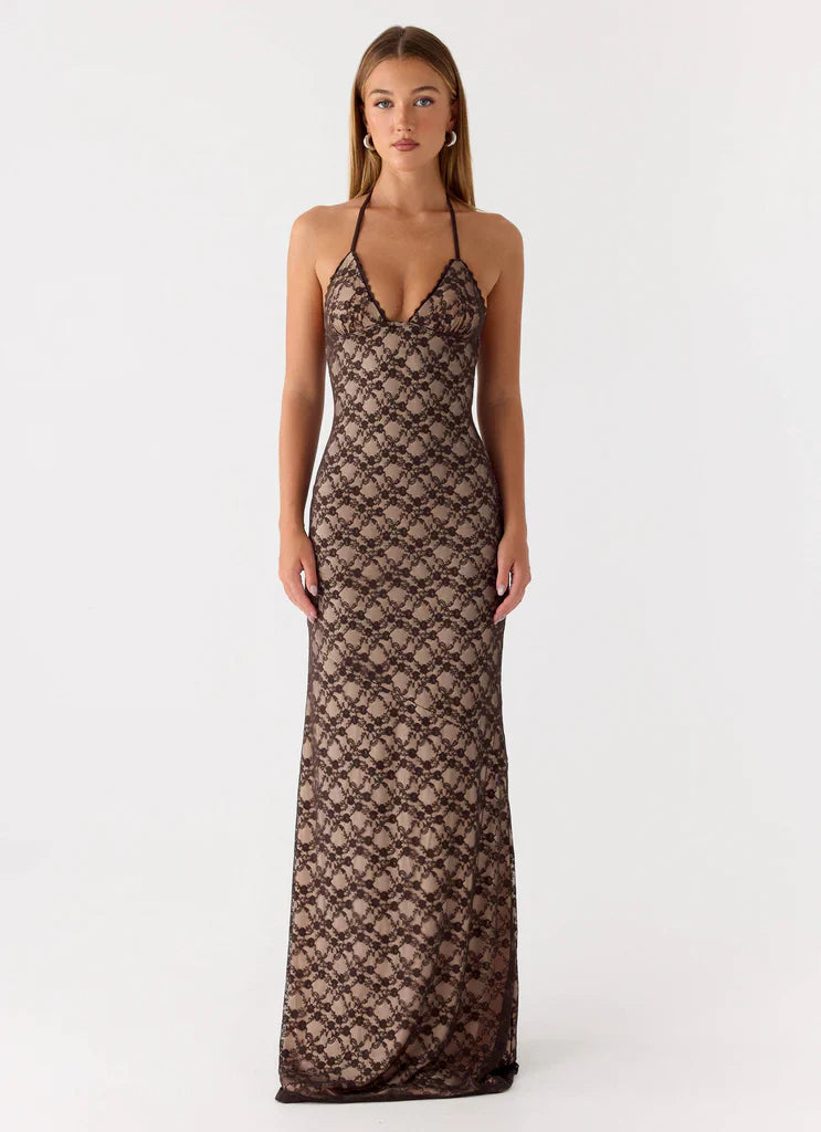Chocolate Brown Lace Halter Neck Backless Maxi Prom Dress For Elegant Formal Evening Events