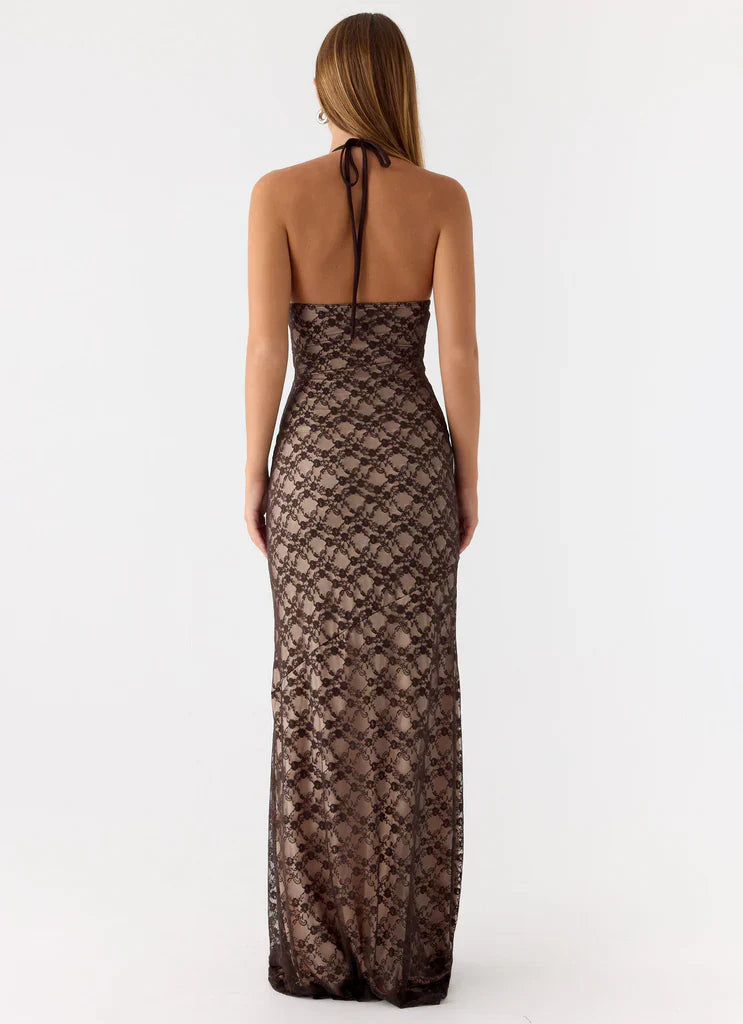 Chocolate Brown Lace Halter Neck Backless Maxi Prom Dress For Elegant Formal Evening Events