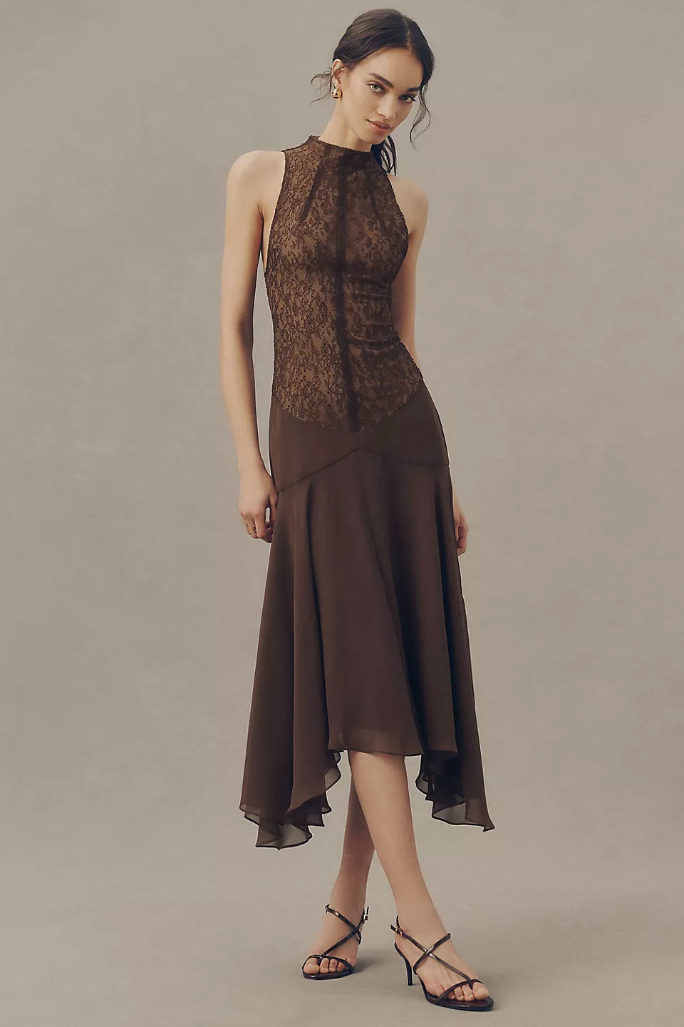Chocolate Brown Lace Halter Neck Midi Evening Dresses with Asymmetric Hem