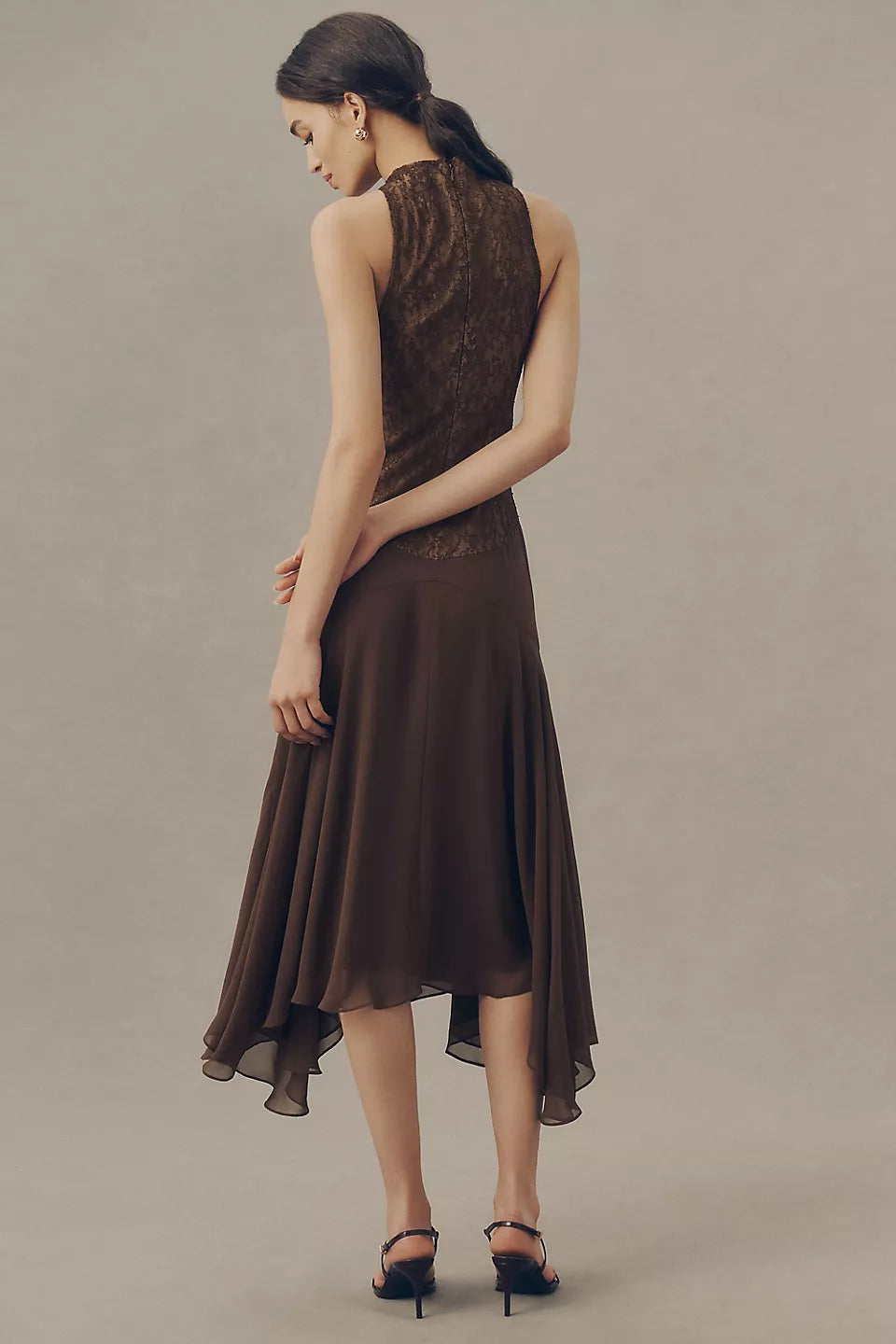 Chocolate Brown Lace Halter Neck Midi Evening Dresses with Asymmetric Hem