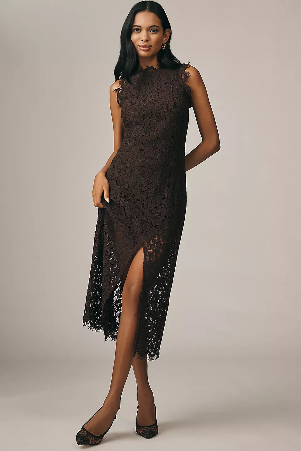 Chocolate Brown Lace Sleeveless Midi Evening Dresses with High Slit & Scalloped Trim