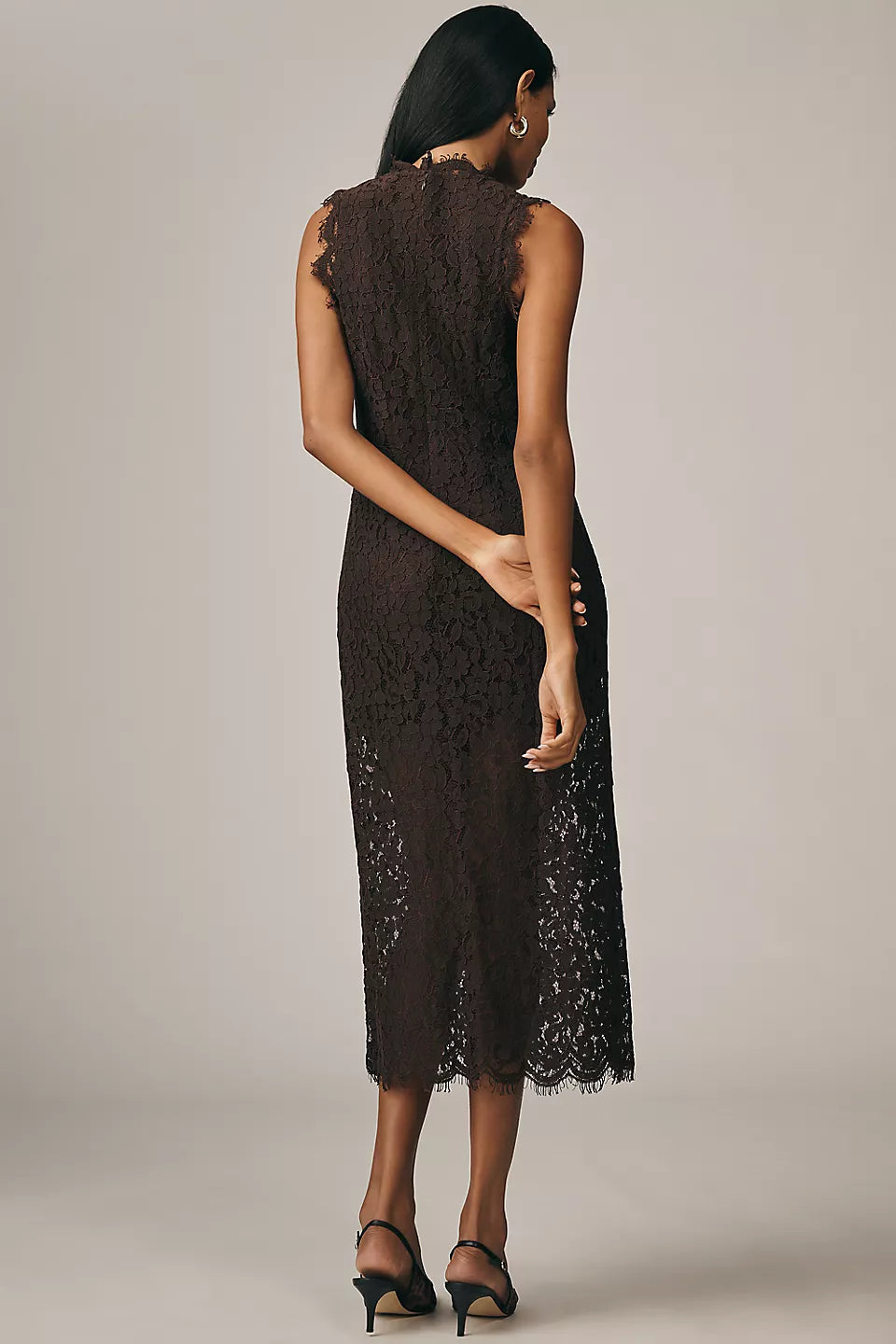 Chocolate Brown Lace Sleeveless Midi Evening Dresses with High Slit & Scalloped Trim