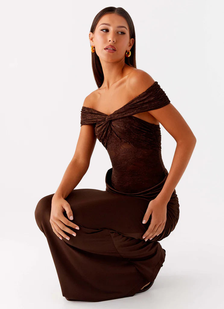 Chocolate Brown Off The Shoulder Lace Maxi Prom Dress For Elegant Formal Evening Events