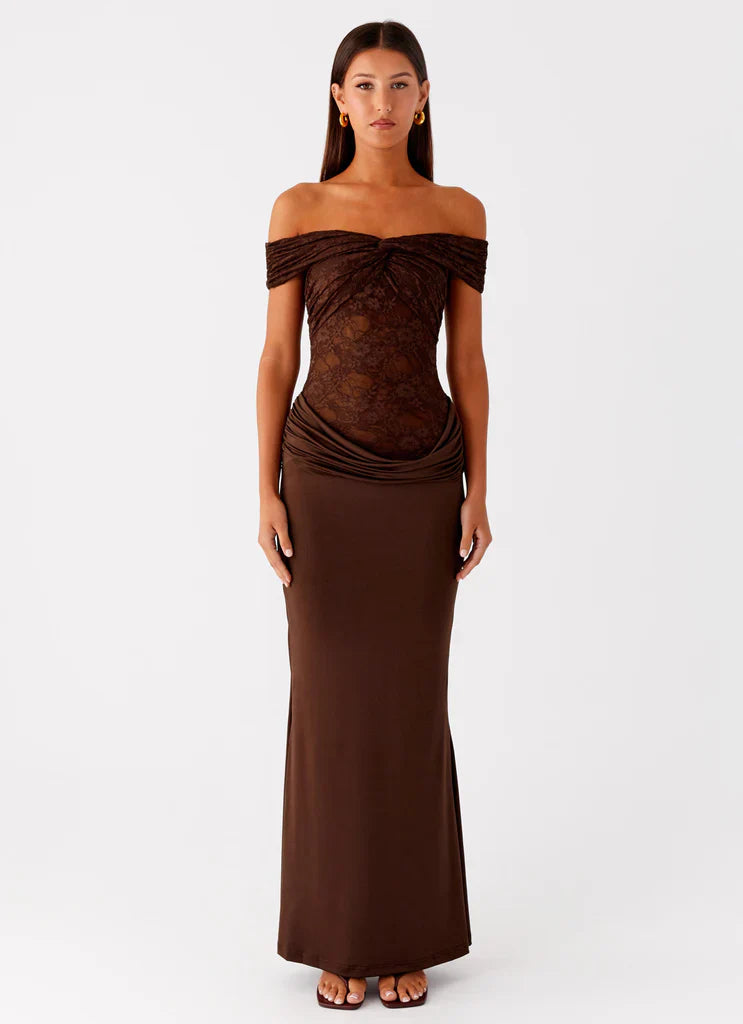 Chocolate Brown Off The Shoulder Lace Maxi Prom Dress For Elegant Formal Evening Events