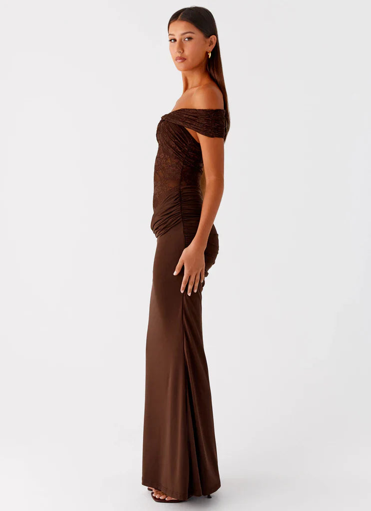 Chocolate Brown Off The Shoulder Lace Maxi Prom Dress For Elegant Formal Evening Events
