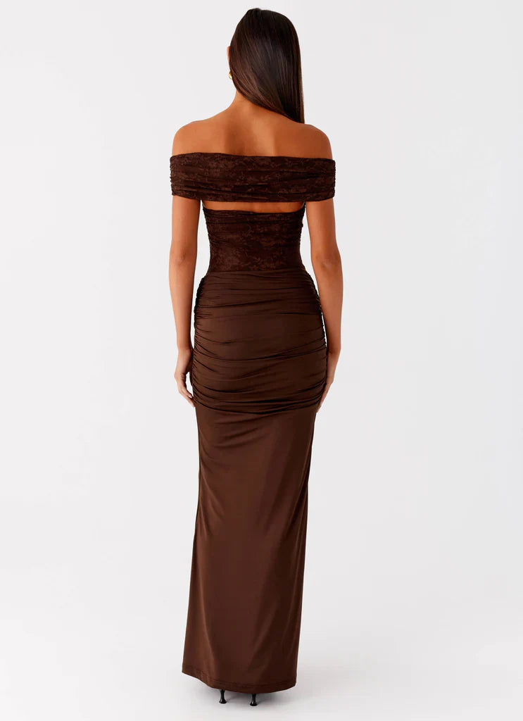Chocolate Brown Off The Shoulder Lace Maxi Prom Dress For Elegant Formal Evening Events