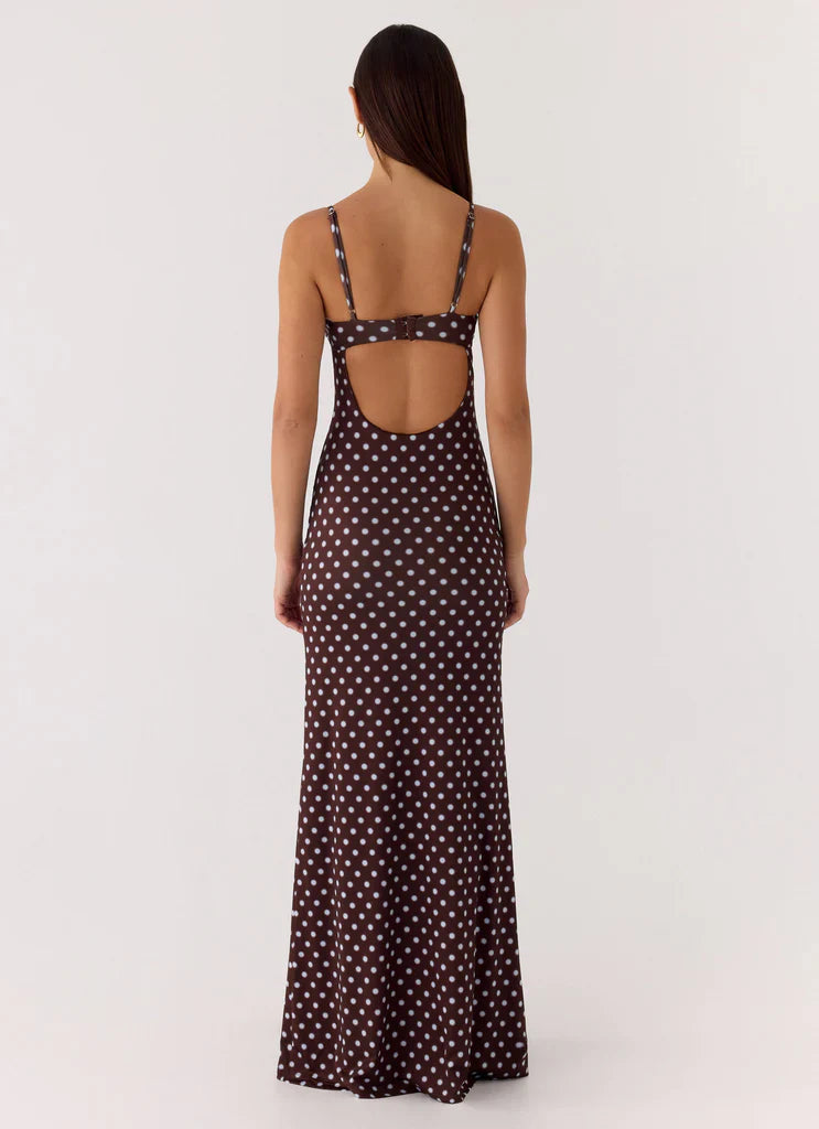 Chocolate Brown Polka Dot Cami Ruched Backless Maxi Prom Dress