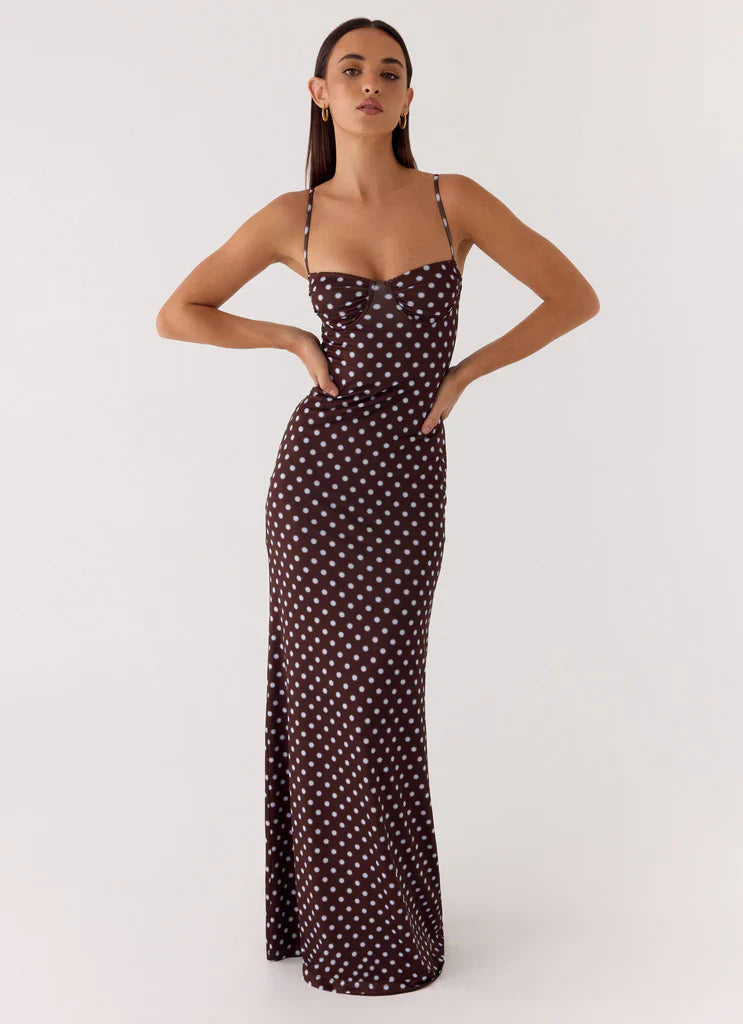 Chocolate Brown Polka Dot Cami Ruched Backless Maxi Prom Dress