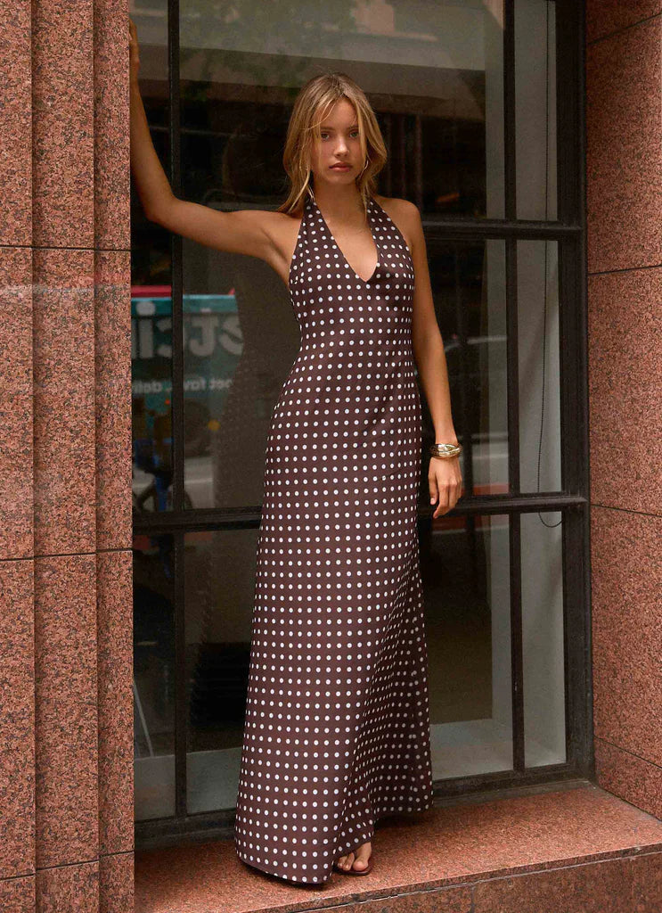 Chocolate Brown Polka Dot Halter Neck Backless Maxi Dress For Elegant Formal Evening Events