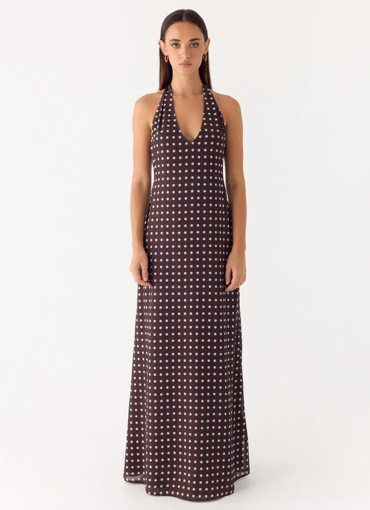 Chocolate Brown Polka Dot Halter Neck Backless Maxi Dress For Elegant Formal Evening Events