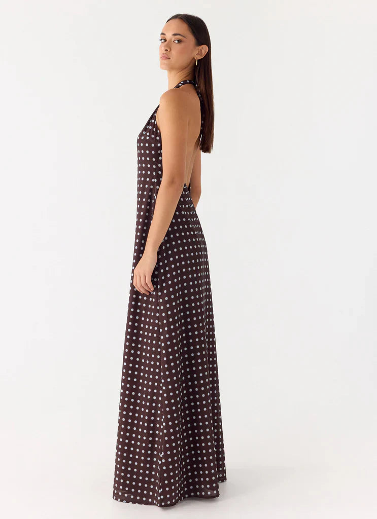 Chocolate Brown Polka Dot Halter Neck Backless Maxi Dress For Elegant Formal Evening Events