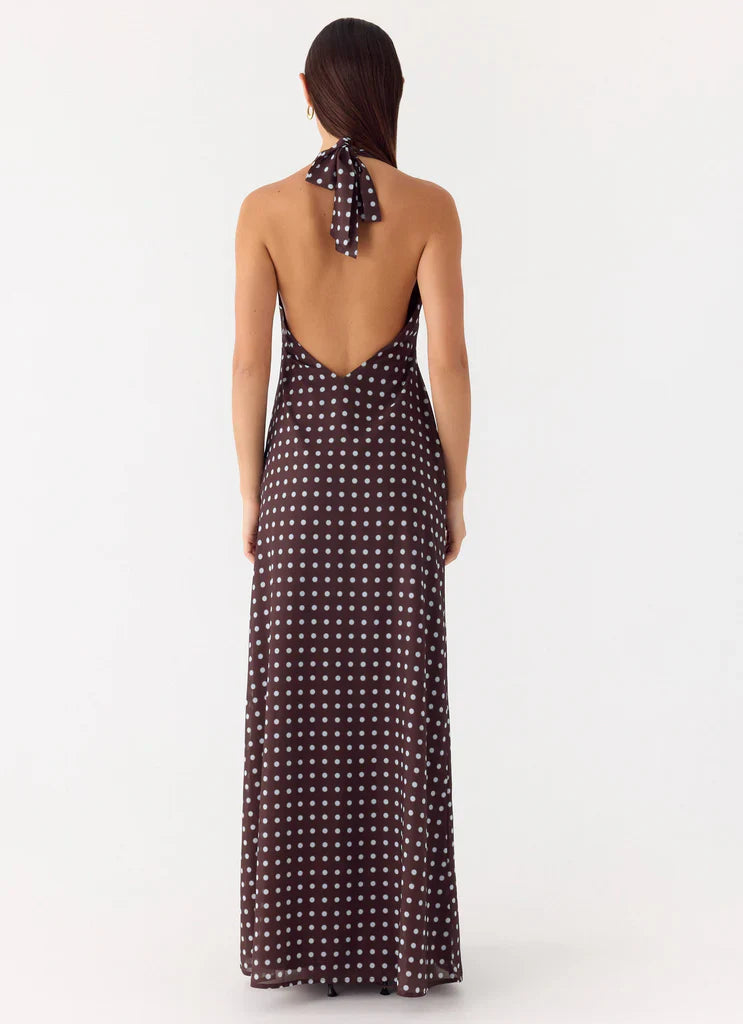Chocolate Brown Polka Dot Halter Neck Backless Maxi Dress For Elegant Formal Evening Events