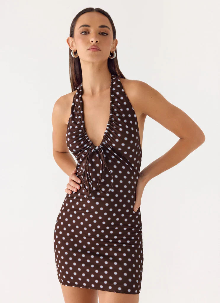 Chocolate Brown Polka Dot Halter Neck Backless Mini Dress For Elegant Casual Party Events