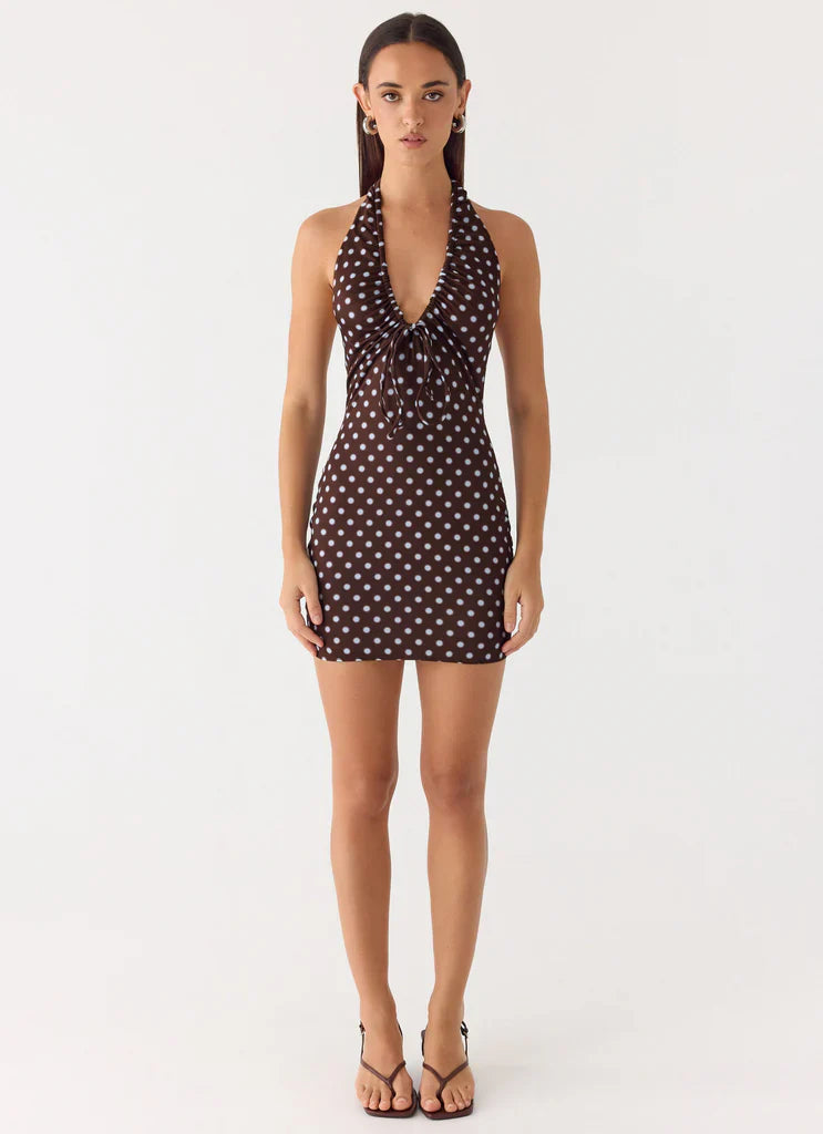 Chocolate Brown Polka Dot Halter Neck Backless Mini Dress For Elegant Casual Party Events