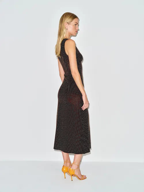 Chocolate Brown Polka Dot Sleeveless Deep V-Neck Midi Prom Dress