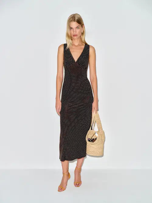 Chocolate Brown Polka Dot Sleeveless Deep V-Neck Midi Prom Dress