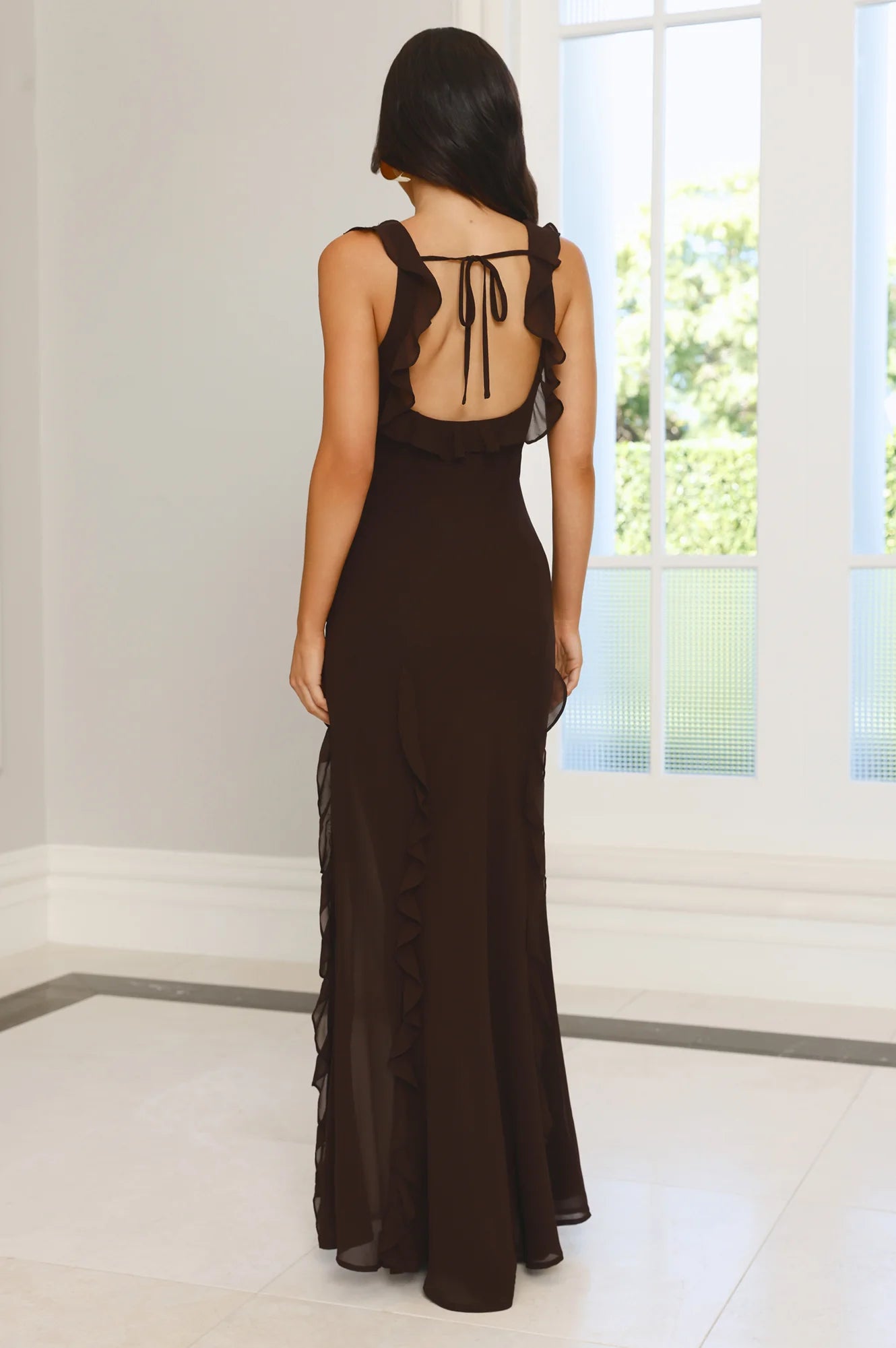 Chocolate Brown Ruffle Trim Open Back Slit Maxi Evening Dresses