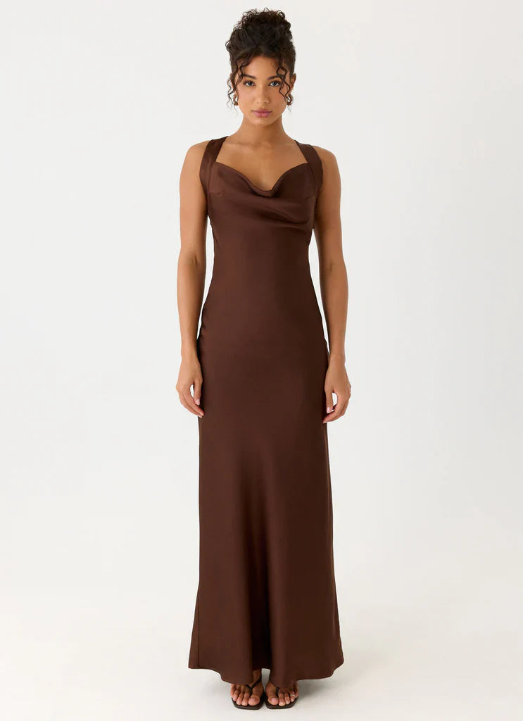 Chocolate Brown Satin Cowl Neck Open Back Maxi Prom Dress For Elegant Evening