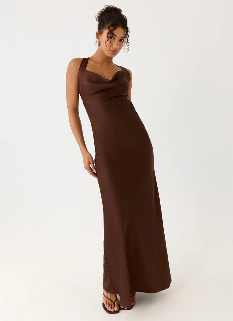 Chocolate Brown Satin Cowl Neck Open Back Maxi Prom Dress For Elegant Evening