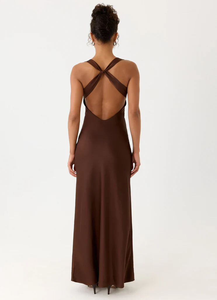 Chocolate Brown Satin Cowl Neck Open Back Maxi Prom Dress For Elegant Evening
