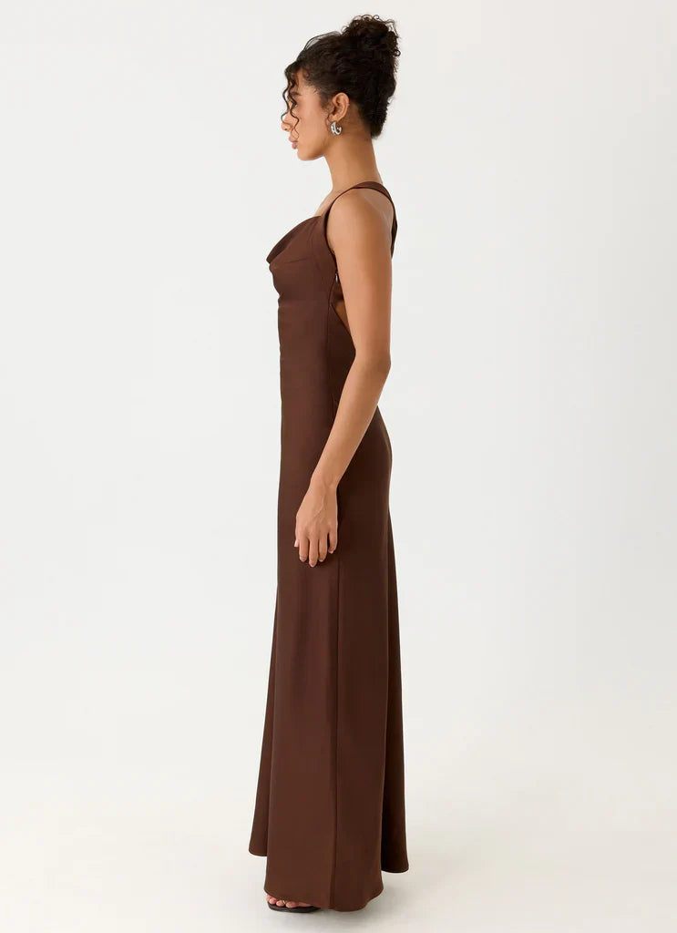 Chocolate Brown Satin Cowl Neck Open Back Maxi Prom Dress For Elegant Evening