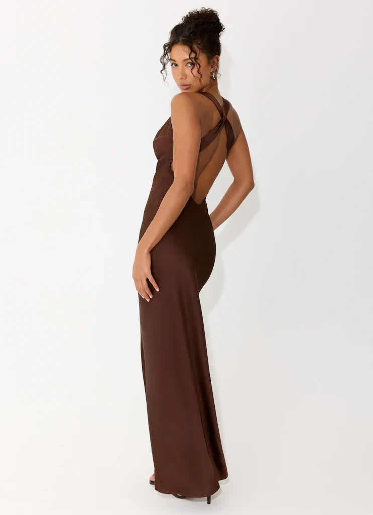 Chocolate Brown Satin Cowl Neck Open Back Maxi Prom Dress For Elegant Evening