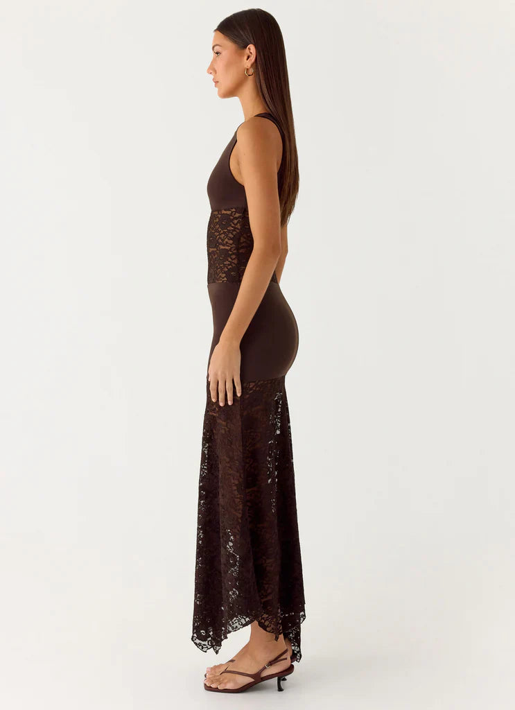 Chocolate Brown Sleeveless Keyhole Lace Maxi Evening Dress For Elegant Formal Evening Events