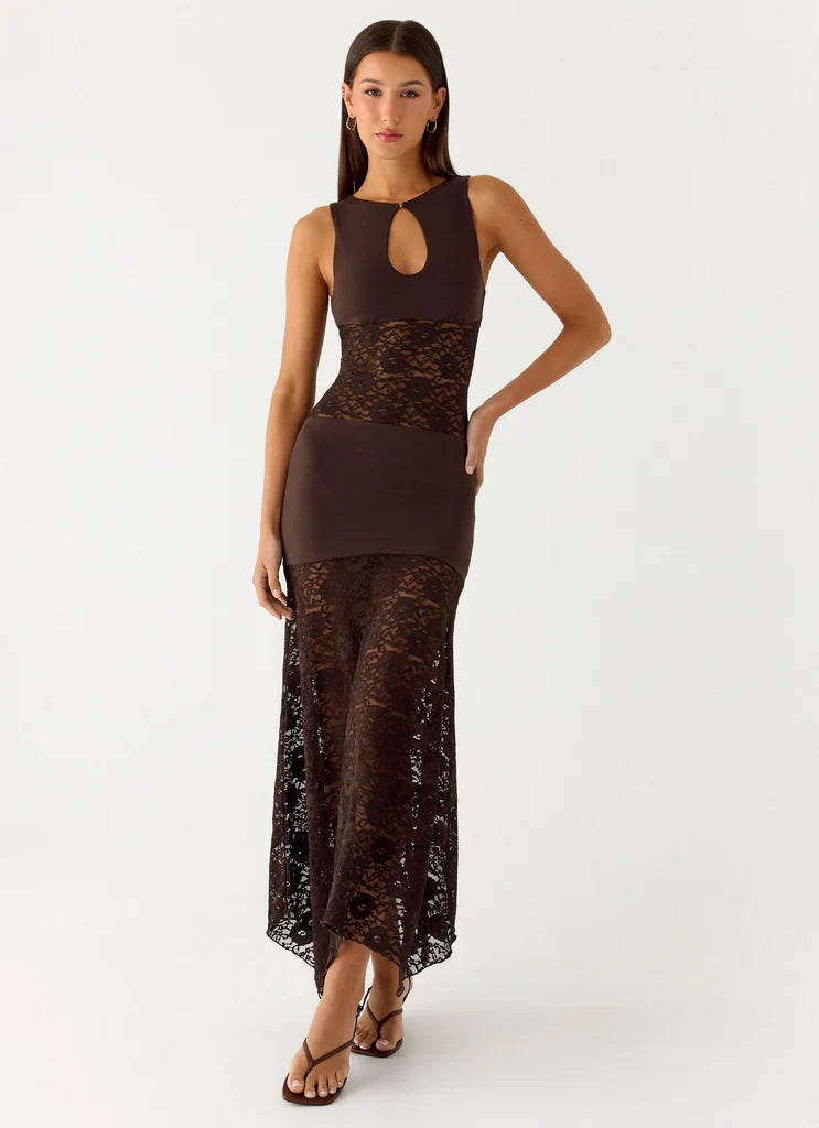 Chocolate Brown Sleeveless Keyhole Lace Maxi Evening Dress For Elegant Formal Evening Events