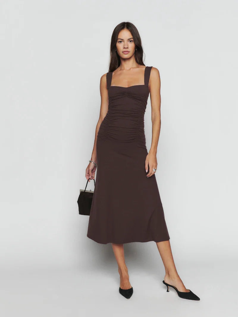 Chocolate Brown Square Neck Ruched Bodice Prom Dress