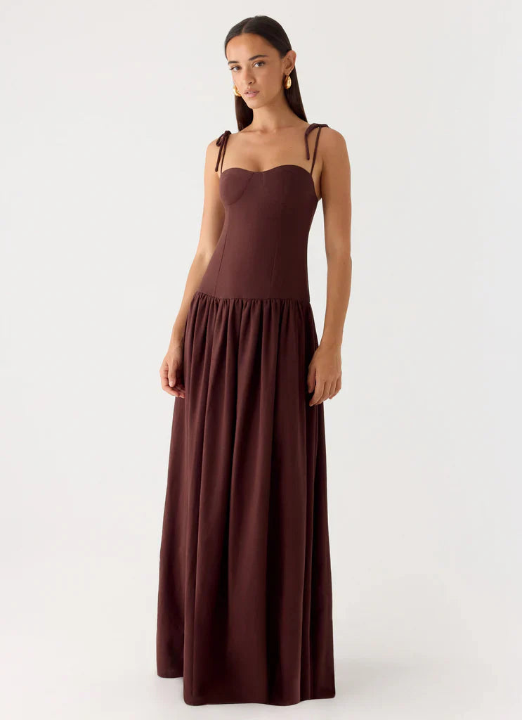 Chocolate Brown Tie Shoulder Bustier Drop Waist Maxi Prom Dress for Events