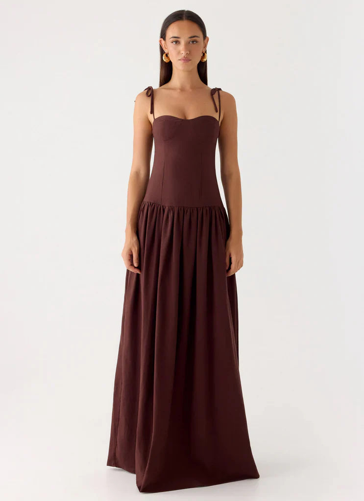 Chocolate Brown Tie Shoulder Bustier Drop Waist Maxi Prom Dress for Events