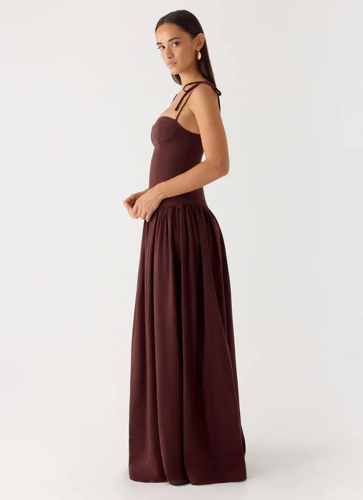 Chocolate Brown Tie Shoulder Bustier Drop Waist Maxi Prom Dress for Events