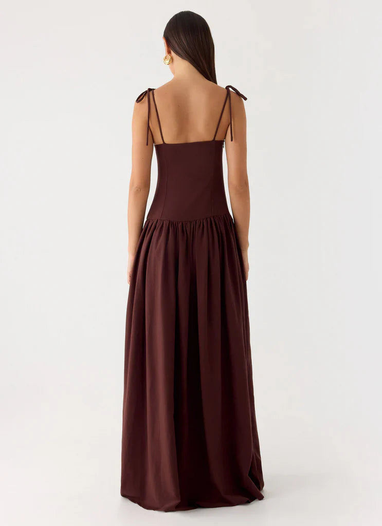 Chocolate Brown Tie Shoulder Bustier Drop Waist Maxi Prom Dress for Events