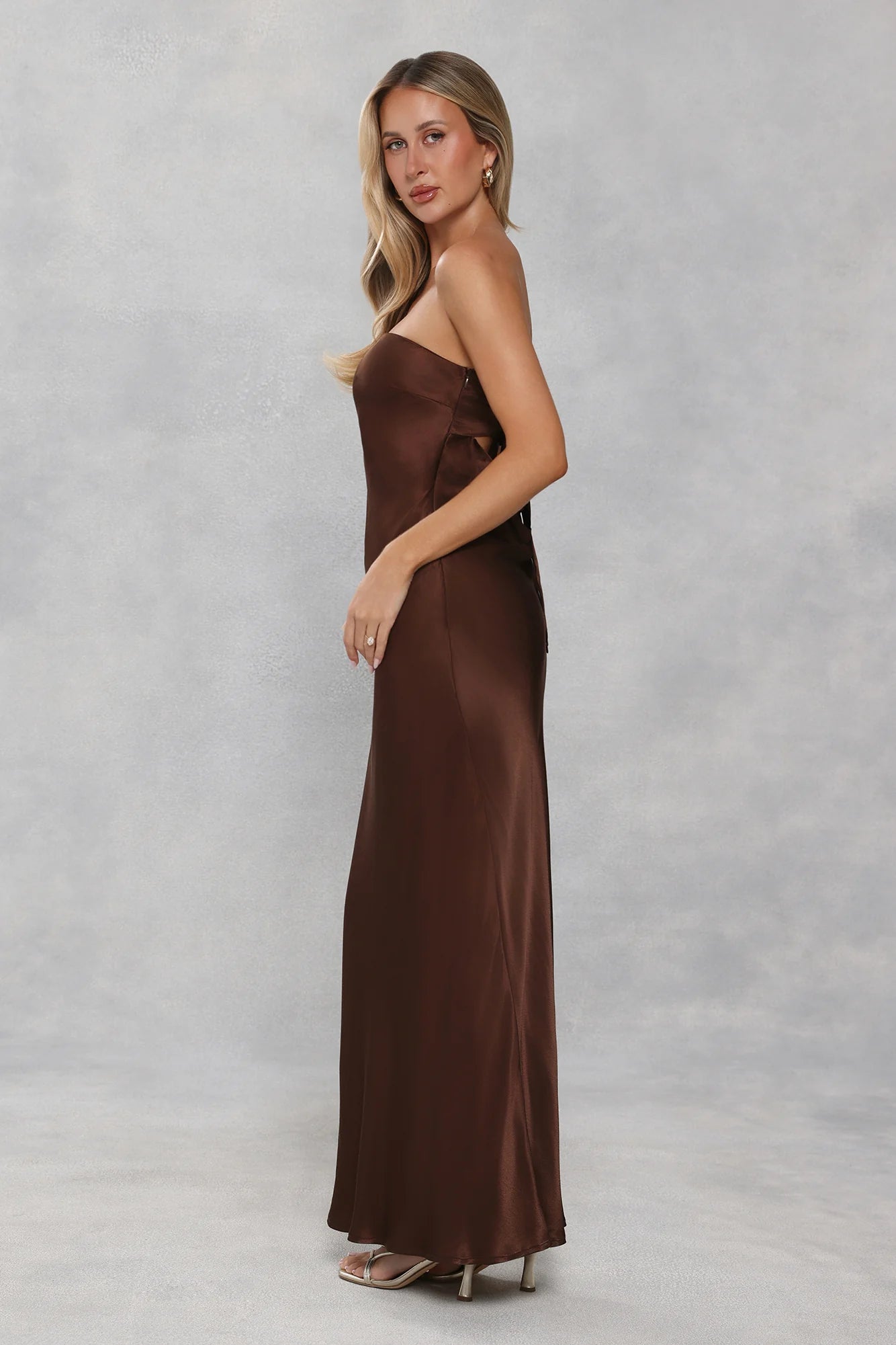 Chocolate Satin Strapless Back Bow Cutout Maxi Evening Dresses