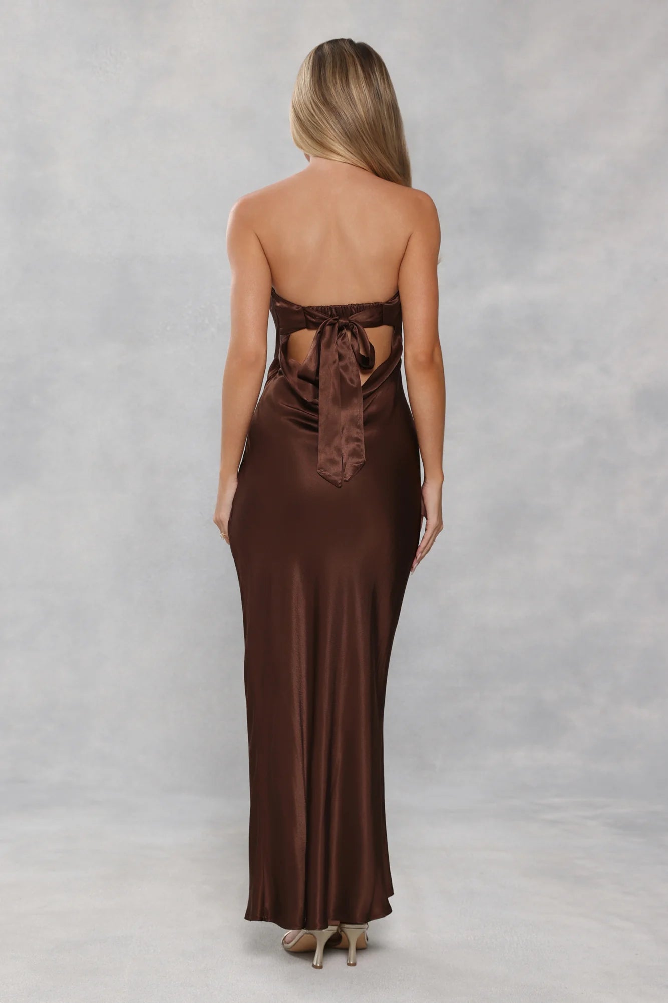 Chocolate Satin Strapless Back Bow Cutout Maxi Evening Dresses
