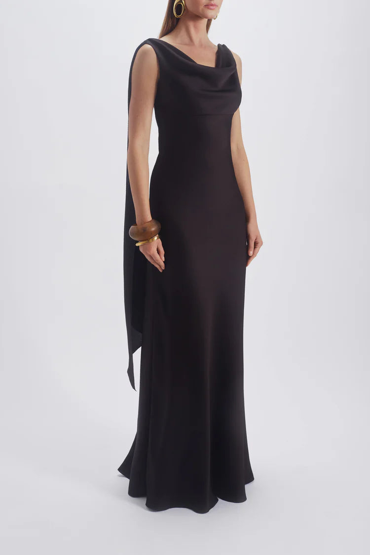 Chocolate Sleeveless Cowl Neck Cape Panel Maxi Evening Dresses