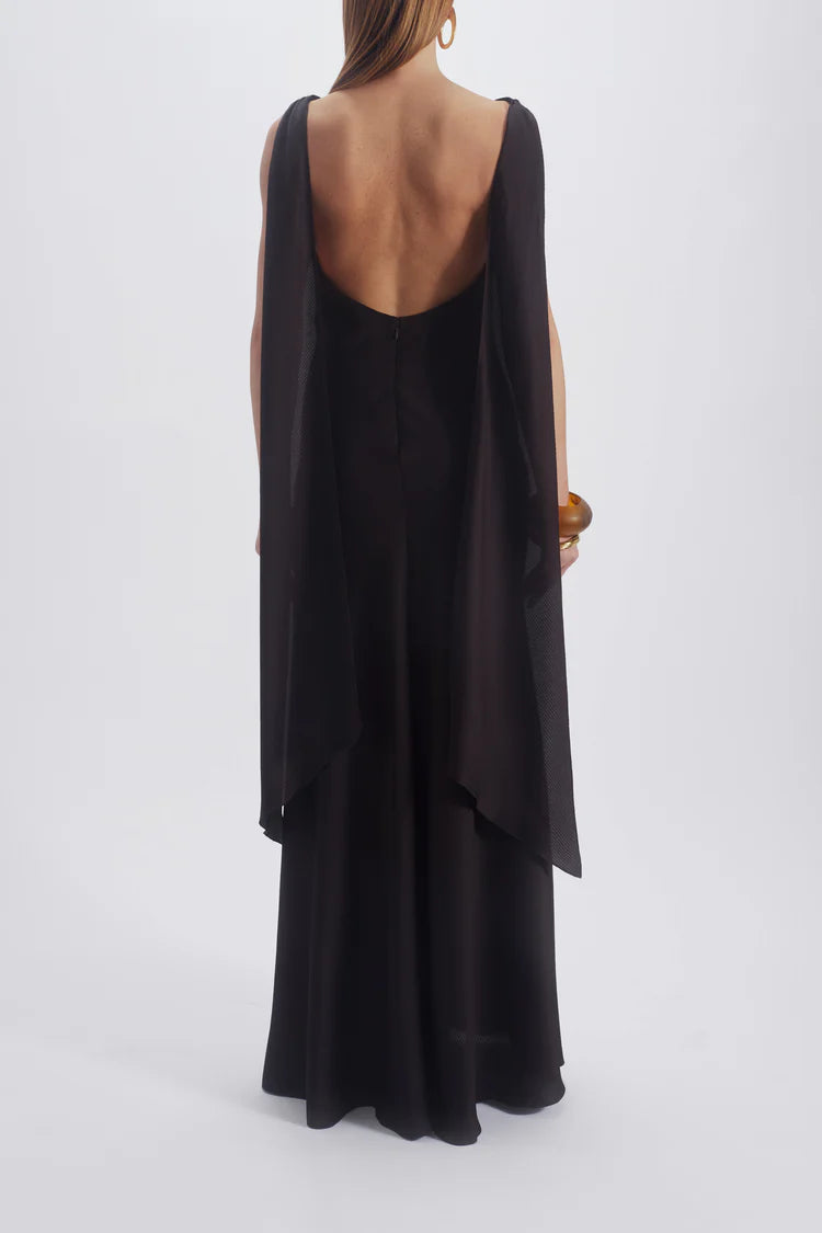Chocolate Sleeveless Cowl Neck Cape Panel Maxi Evening Dresses