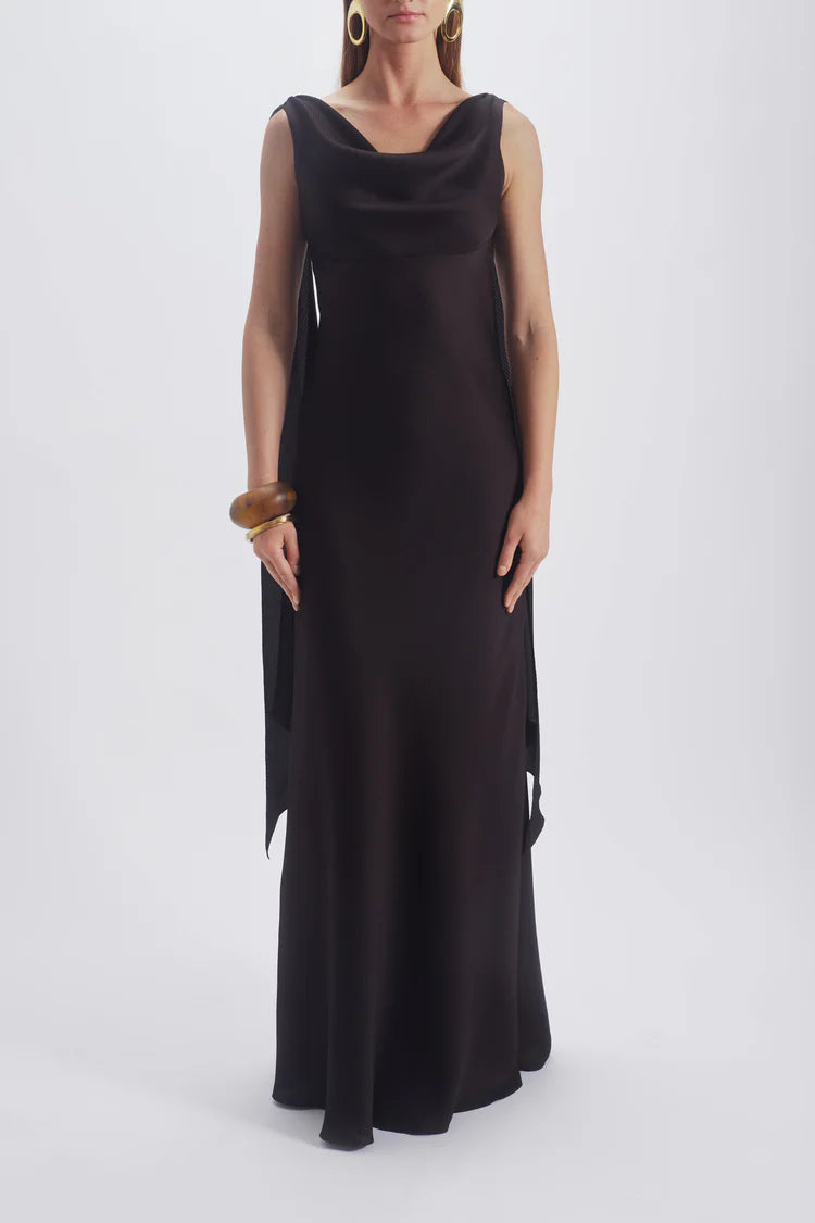 Chocolate Sleeveless Cowl Neck Cape Panel Maxi Evening Dresses