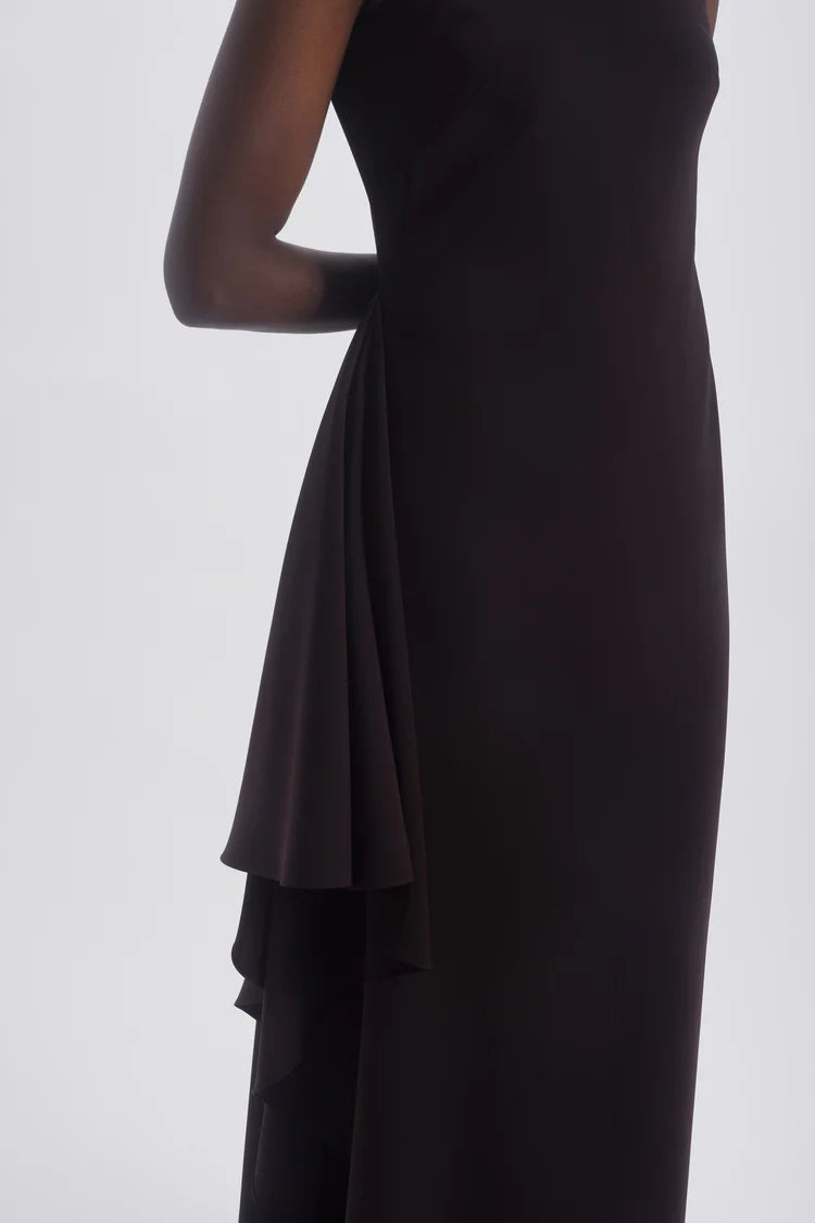 Chocolate Sleeveless Ruffle Detail Column Maxi Evening Dresses