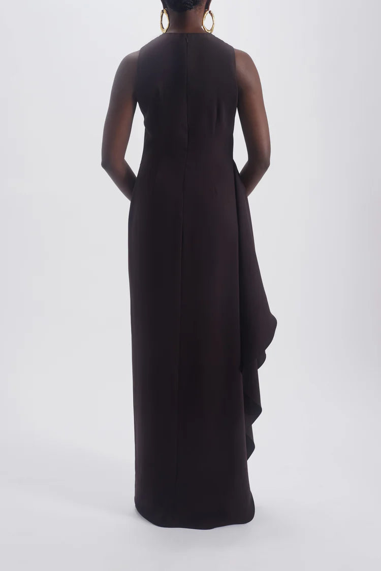 Chocolate Sleeveless Ruffle Detail Column Maxi Evening Dresses