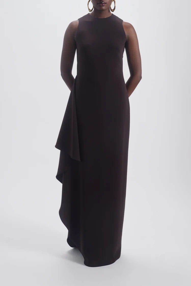 Chocolate Sleeveless Ruffle Detail Column Maxi Evening Dresses