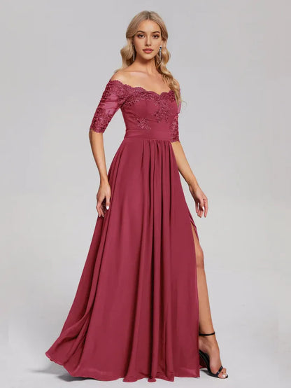Cinnamon_Rose Off - Shoulder Lace Chiffon Prom Dress with Side Slit with Slit  for sale hot sale