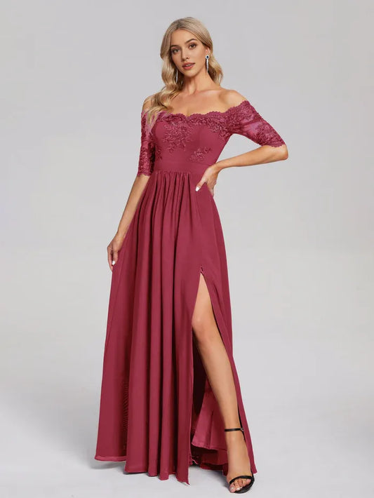 Cinnamon_Rose Off - Shoulder Lace Chiffon Prom Dress with Side Slit with Slit  for sale hot sale